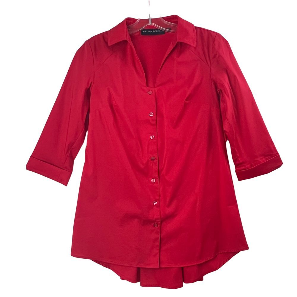 COLLEEN LOPEZ Red Pleated Tie Back Collared V Neck‎ Size XS Career Professional